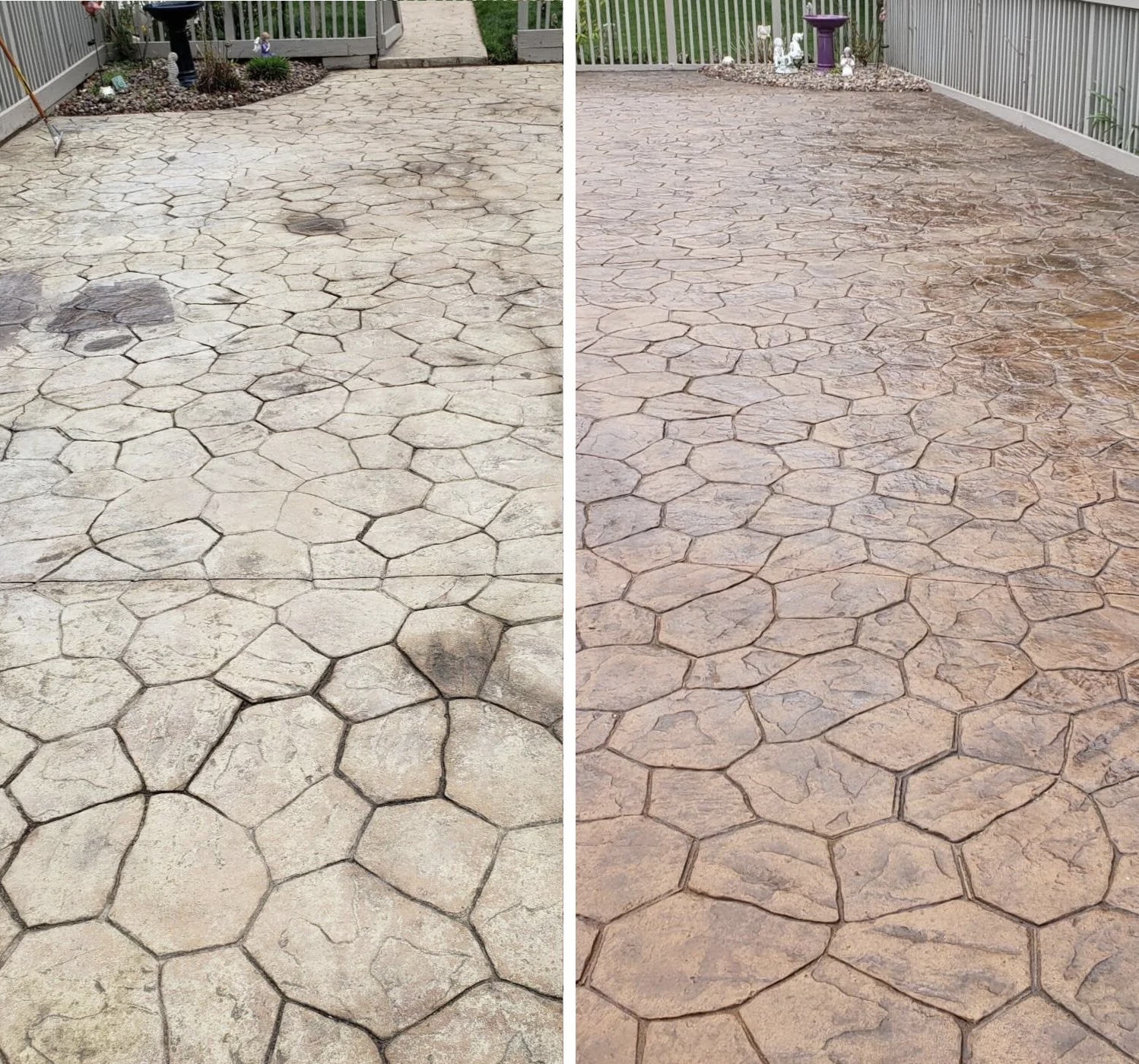 Stamped concrete patio before and after sealing by Powell Exterior Services