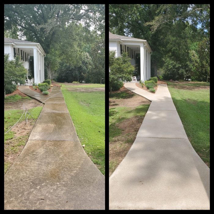 Sidewalk before and after pressure washing by Powell Exterior Services